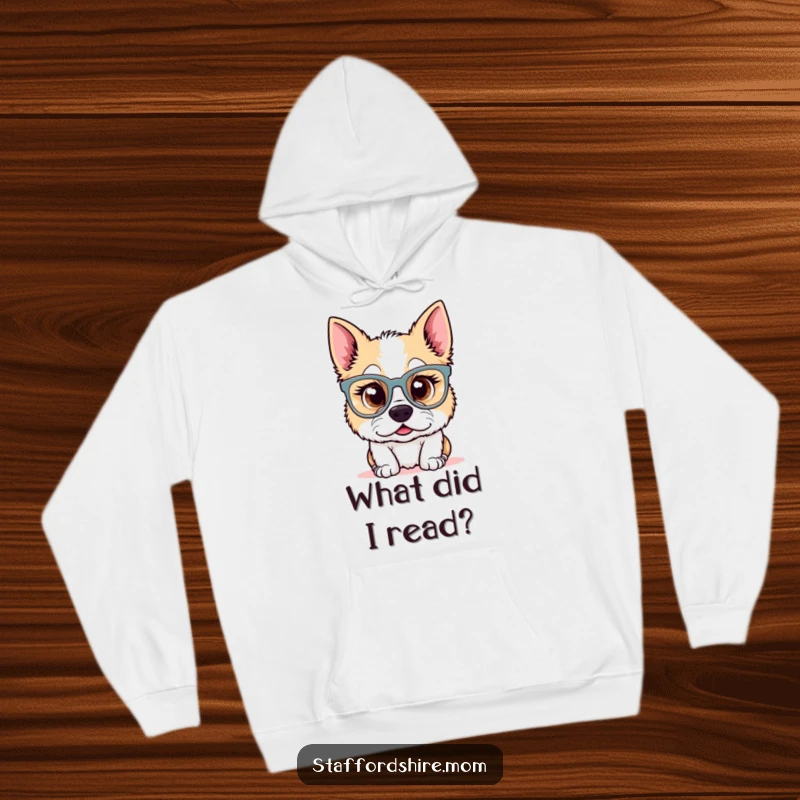 Funny Kawaii Staffordshire dog hoodie featuring a surprised pup in oversized glasses. Cozy, cute, and hilariously expressive, an ideal funny gift.