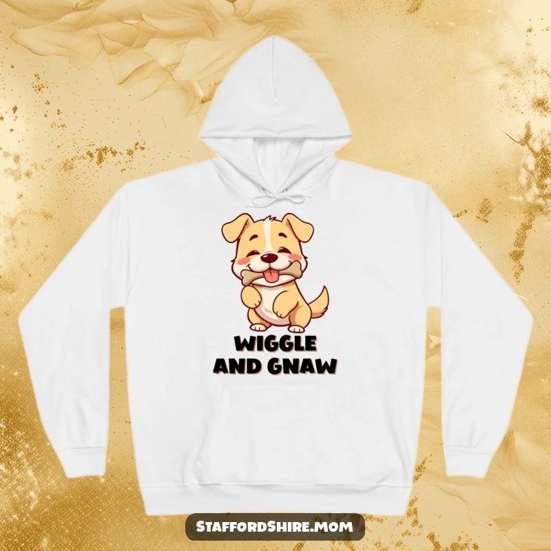 Funny hoodie showcasing a broad-chested dog wiggling with excitement, happily holding a bone in its mouth.