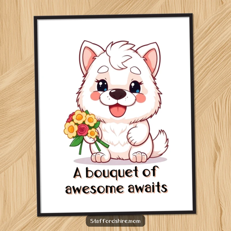 Funny Free Printable Wall Art: A kawaii Staffordshire with a wide, cheerful grin offers a whimsical bouquet of flowers, adding joy.