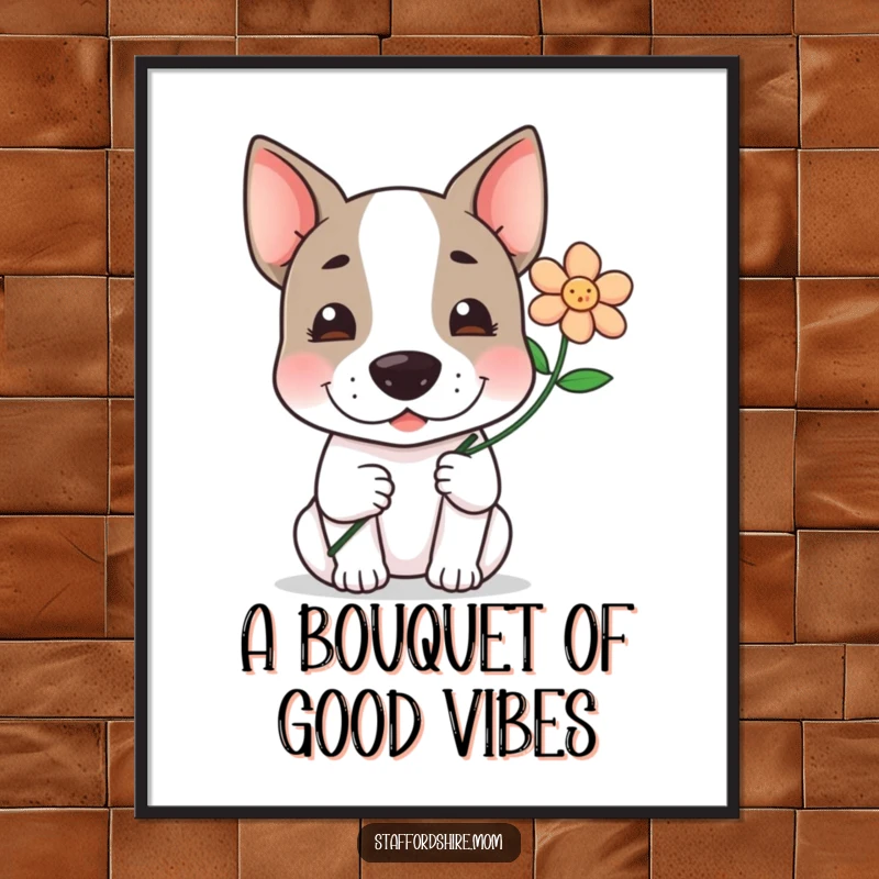 Funny Free Printable Wall Art: A kawaii Staffordshire terrier with a gentle smile offers a single flower, embodying sweetness and charm.