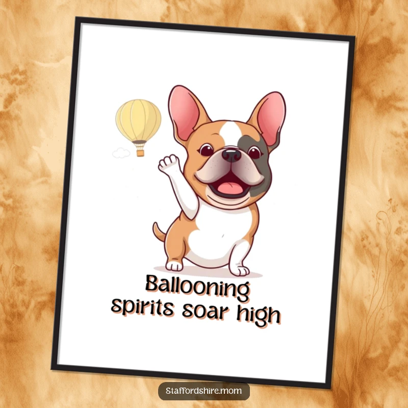 Funny Free Printable Wall Art: Staffordshire bull terrier excitedly waving at a majestic hot air balloon.