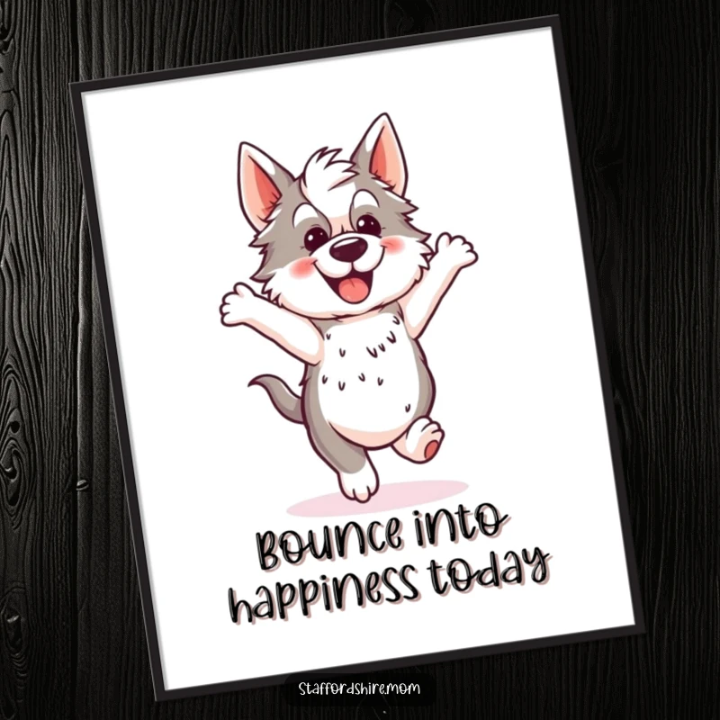 Funny Free Printable Wall Art: A Staffordshire dog captured in a mid-air hop, full of excitement and boundless energy.
