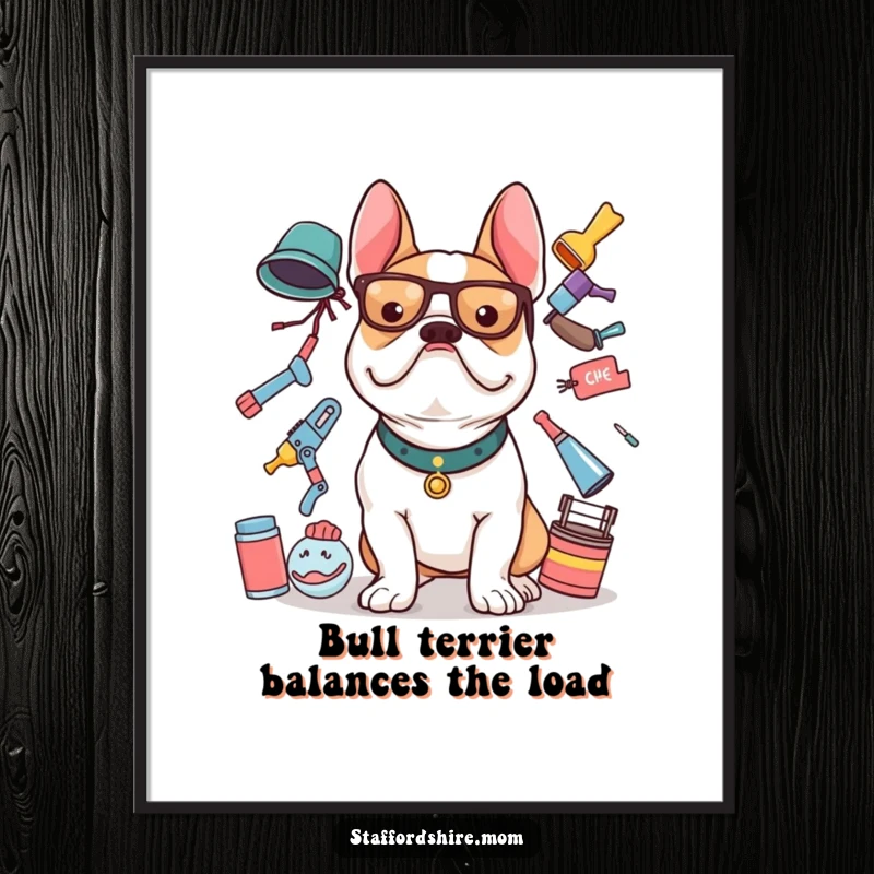 Funny Free Printable Wall Art: A Staffordshire bull terrier struggling to balance an excessive amount of items.