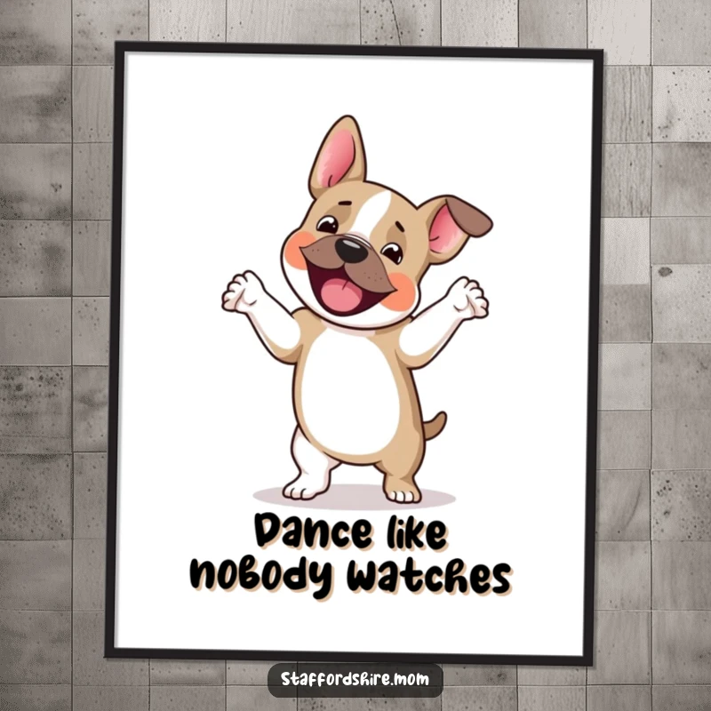 Funny Free Printable Wall Art: A Staffordshire terrier caught in a happy jig, paws up, full of playful energy.