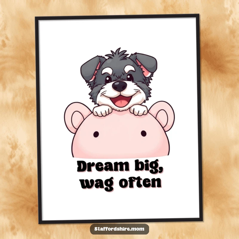 Funny Free Printable Wall Art: A happy Staffordshire dog playfully peeking over the top of a very large plush toy.