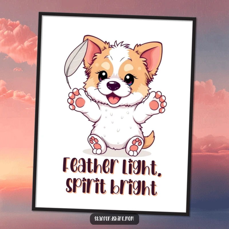 Funny Free Printable Wall Art: Staffordshire dog with paws outstretched, catching a floating feather, serene downloadable decor.