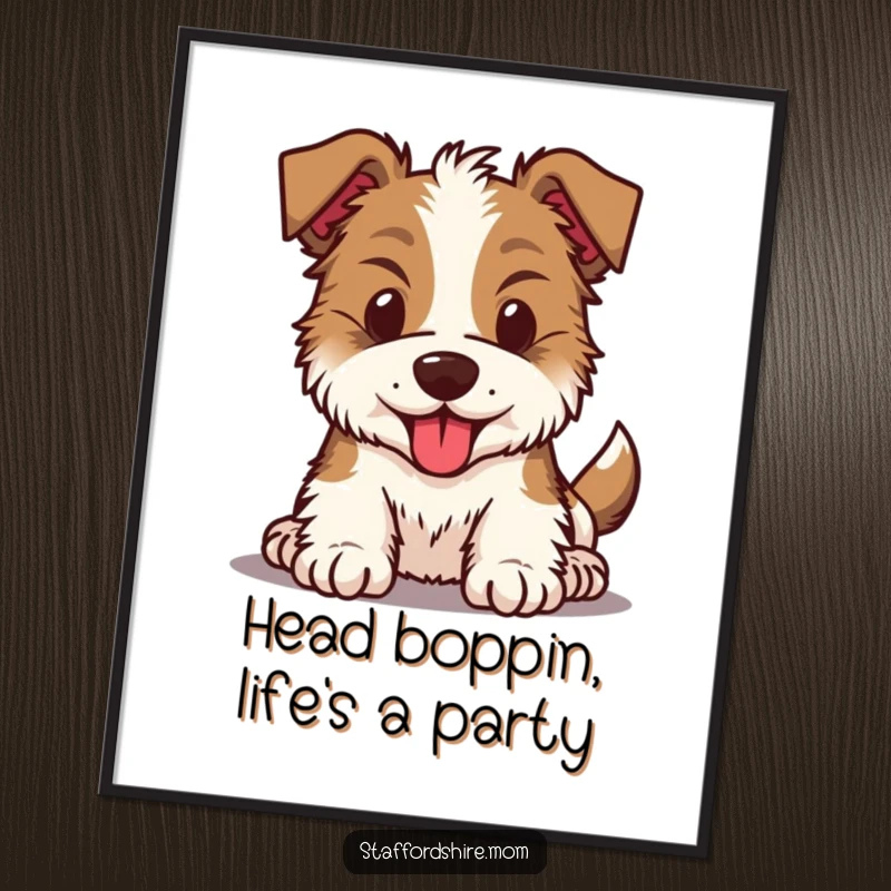 Funny free printable Kawaii Staffordshire dog art, head bouncing with boundless energy, bringing a lively vibe to any room.