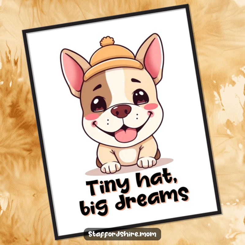 Funny Free Printable Wall Art: A kawaii Staffordshire terrier wearing a tiny hat, beaming with a silly, infectious grin.