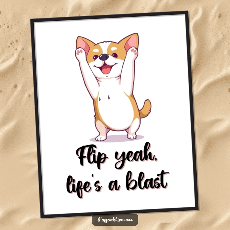 Funny free printable Kawaii Staffordshire dog art, captured mid-somersault with pure joy and playful energy.