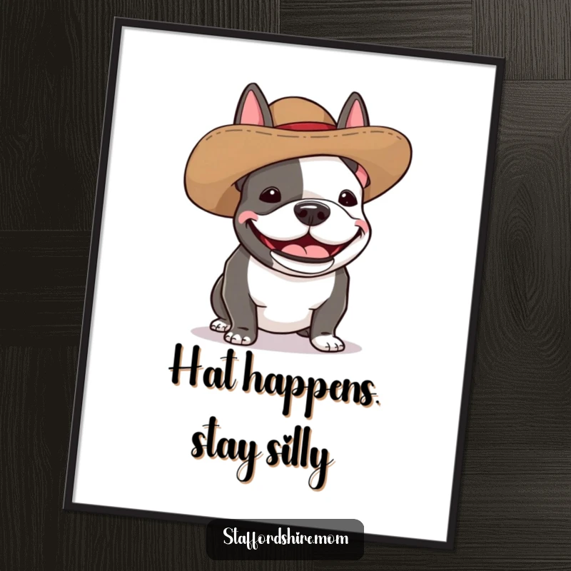 Funny Free Printable Wall Art: A giggling Staffordshire bull terrier wearing a hilariously oversized, silly hat.