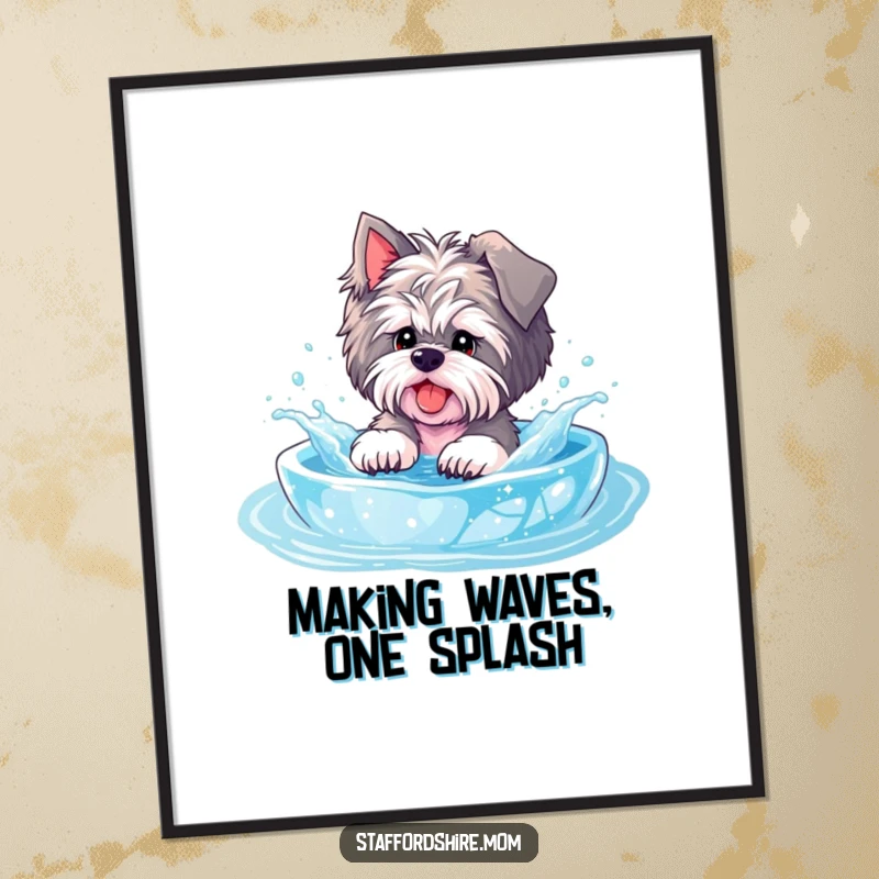 Funny Free Printable Wall Art: A Staffordshire dog joyfully splashing in a sparkling, effervescent pool, creating delightful water splashes.