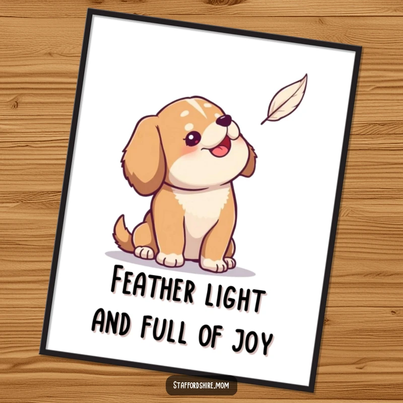 Funny Free Printable Wall Art: Solid dog looking up with amusement at a tiny floating feather, quirky decor.