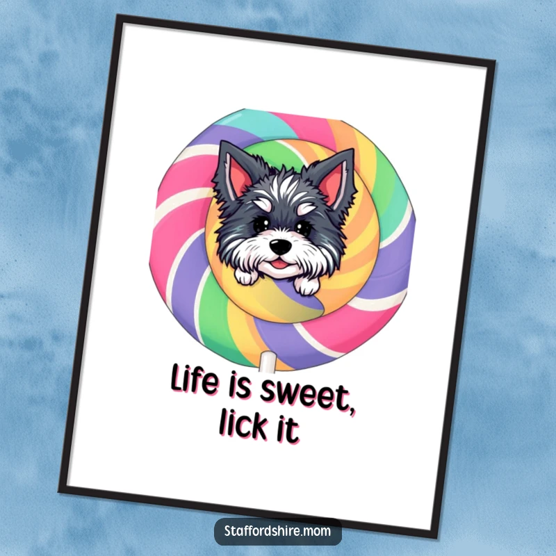 Funny Free Printable Wall Art: Staffordshire dog peeking out from behind a giant, colorful lollipop, whimsical downloadable decor.