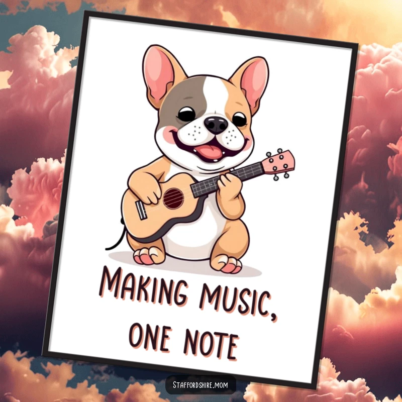 Funny Free Printable Wall Art: A Staffy bull terrier passionately playing a tiny, colorful toy guitar with energetic flair.
