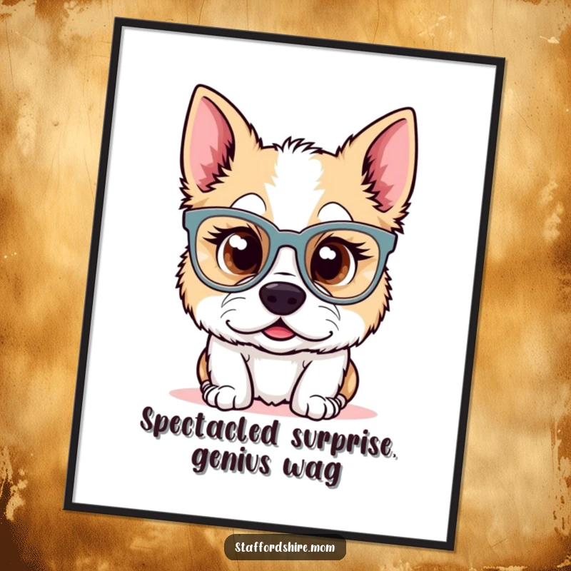 Funny Free Printable Wall Art: A Kawaii Staffordshire dog with enormous glasses sporting a look of comical, wide-eyed surprise.