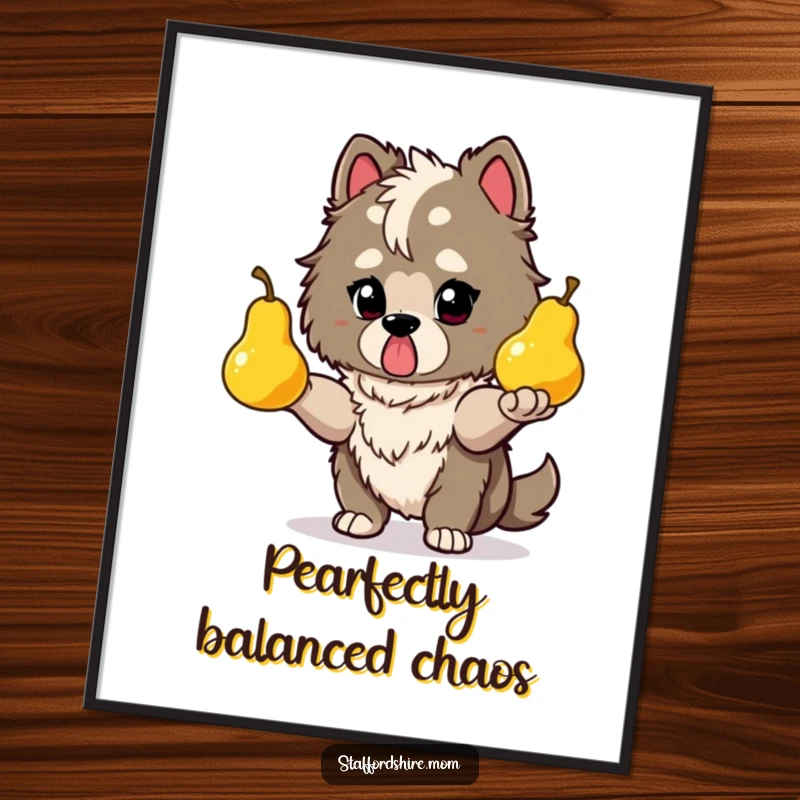 Funny Free Printable Wall Art: A staffordshire with a determined look juggling three glowing pears, creating a bizarre and humorous scene.