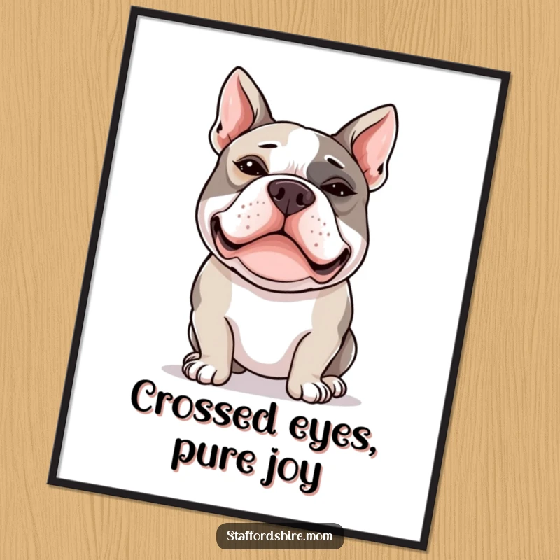 Funny Free Printable Wall Art: A silly Staffordshire bull terrier making a hilarious face with crossed eyes.
