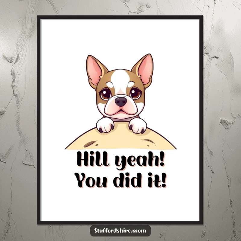 Funny Free Printable Wall Art of a Staffordshire Terrier with bright eyes peeking over a hill, bringing joy to any room.