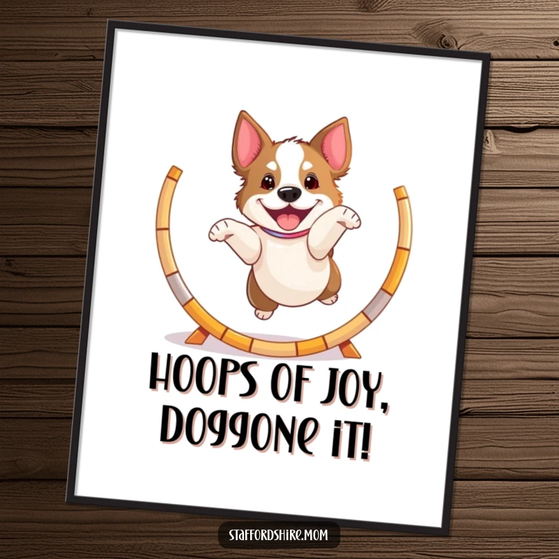 Funny Free Printable Wall Art of a playful Staffordshire dog leaping with pure excitement through a hoop, full of action.