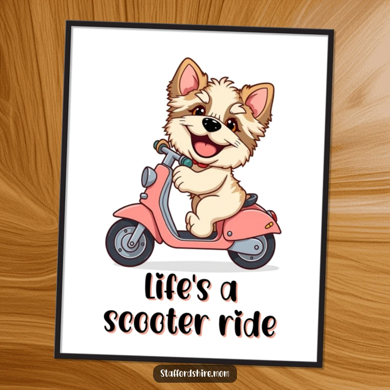 Funny Free Printable Wall Art: A giggling Staffordshire with huge paws cruising on a scooter, radiating pure joy.