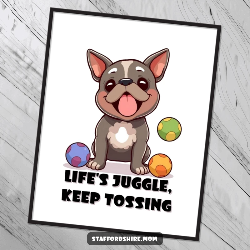Funny Free Printable Wall Art: A Staffordshire terrier showcasing juggling skills with colorful balls, perfect for art lovers.
