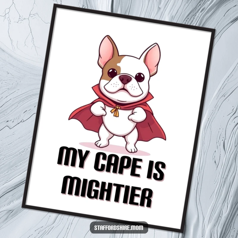 Funny free printable wall art: A Staffordshire Bull Terrier in a cape, comically leaping as if flying through the air.