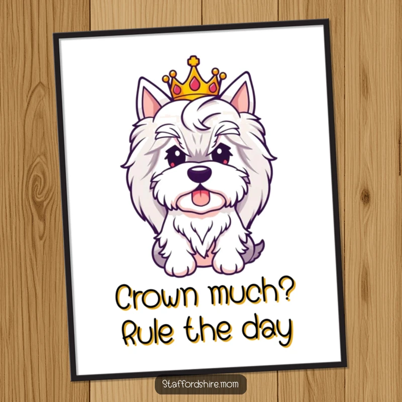 Funny Free Printable Wall Art: Cute Staffordshire wearing a small crown, looking regal, a downloadable art piece for a majestic home.