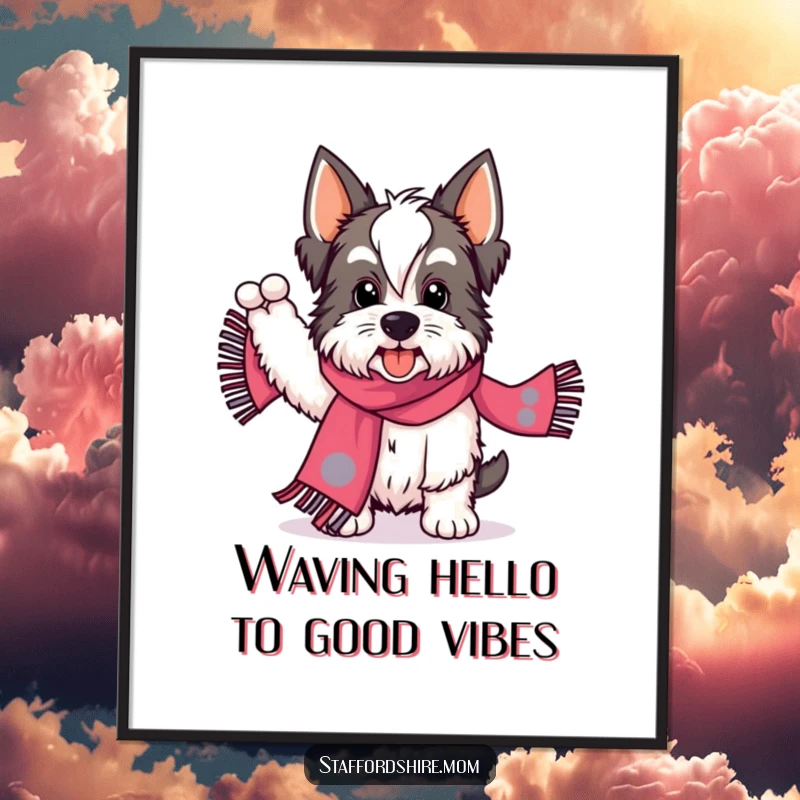 Funny Free Printable Wall Art: A Staffordshire dog energetically waves a long, brightly patterned scarf with pure joy.