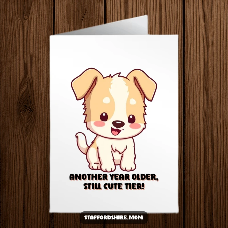 Funny Free Printable Birthday Card: Kawaii Staffordshire dog with floppy ears wagging tail enthusiastically, a joyful downloadable gift.