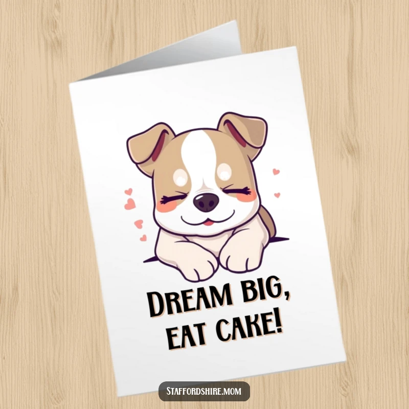 Free Printable Birthday Card featuring a sleepy Staffordshire dog with closed eyes and a gentle smile, dreaming sweet dreams.