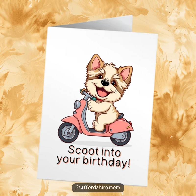 Funny Free Printable Birthday Card: A laughing Staffordshire with big paws, gleefully riding a scooter, celebrating.