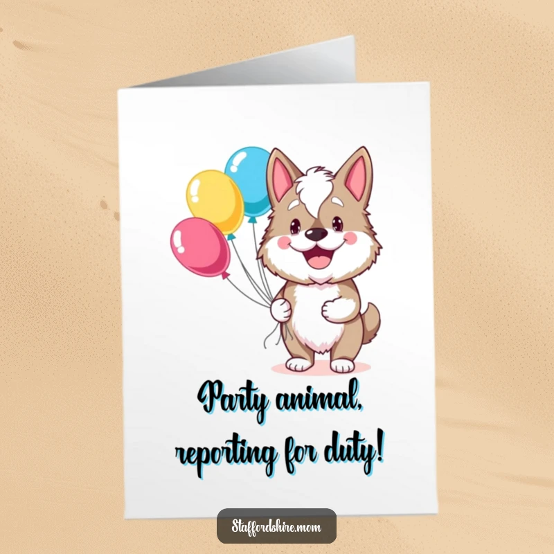 Funny Free Printable Birthday Card: A happy Staffordshire dog with a huge grin holds a vibrant bunch of balloons.