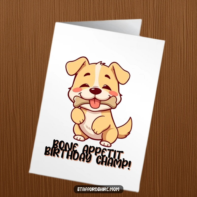 Funny Free Printable Birthday Card: Broad-chested dog wiggling tail, bone in mouth, pure birthday joy.