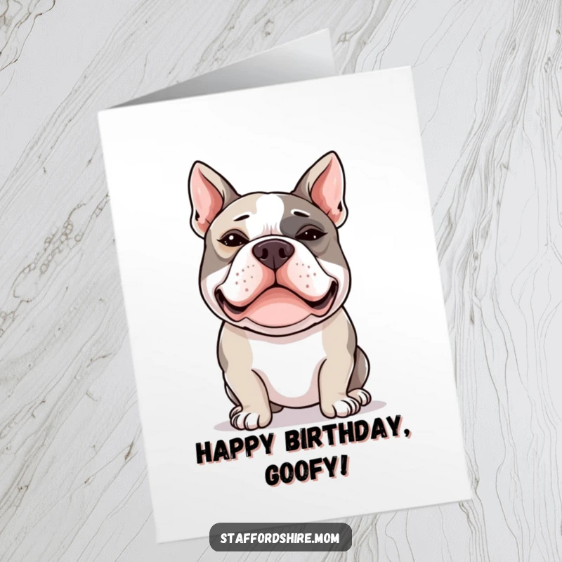 Funny Free Printable Birthday Card: A Staffordshire bull terrier making a silly face with its eyes crossed.