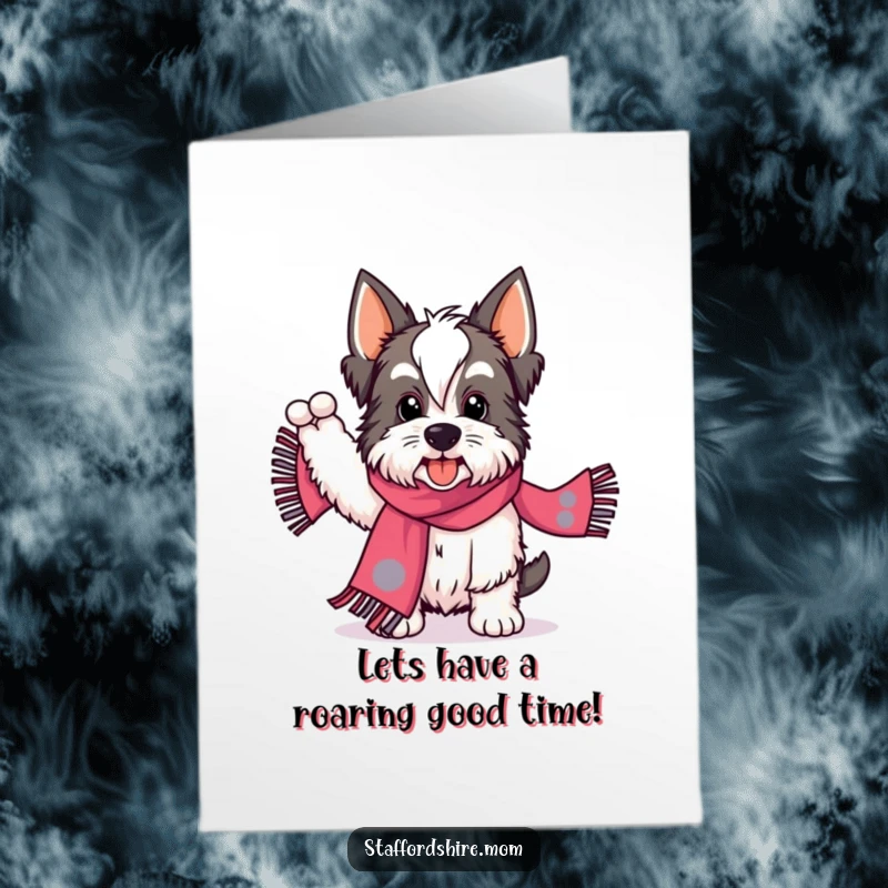 Funny Free Printable Birthday Card: A Staffordshire dog joyfully waves a long, brightly patterned scarf in the air.