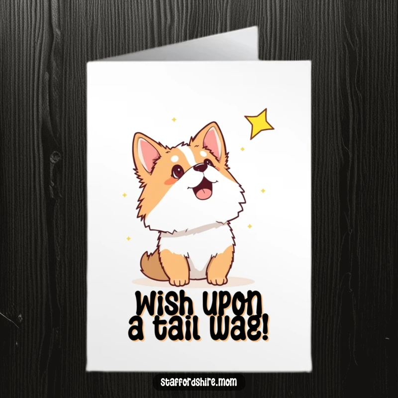 Funny Free Printable Birthday Card: Staffordshire gazing with wide-eyed amazement at a dazzling shooting star.
