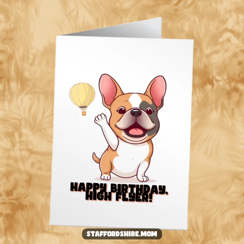 Funny Free Printable Birthday Card: A Staffy enthusiastically waving at a colorful hot air balloon.