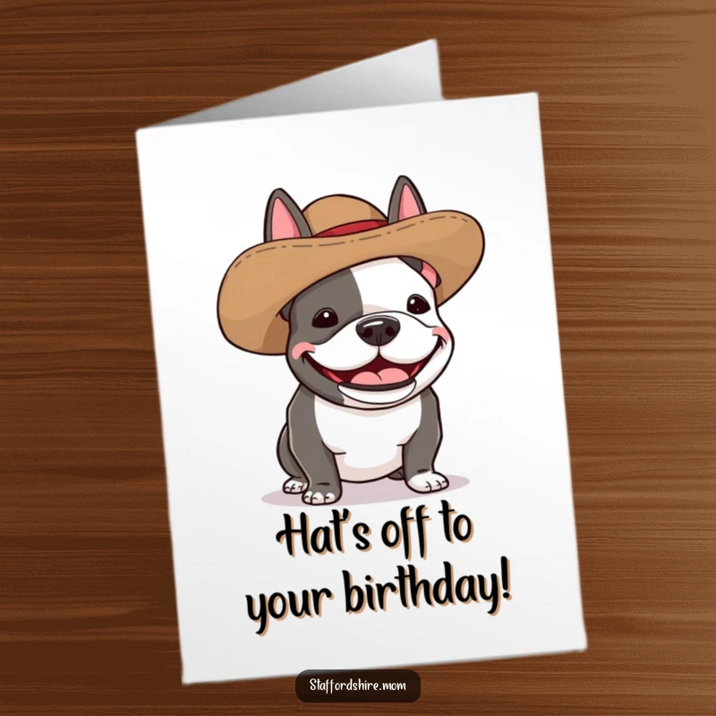 Funny Free Printable Birthday Card: A giggling Staffordshire bull terrier sporting a comically oversized hat.