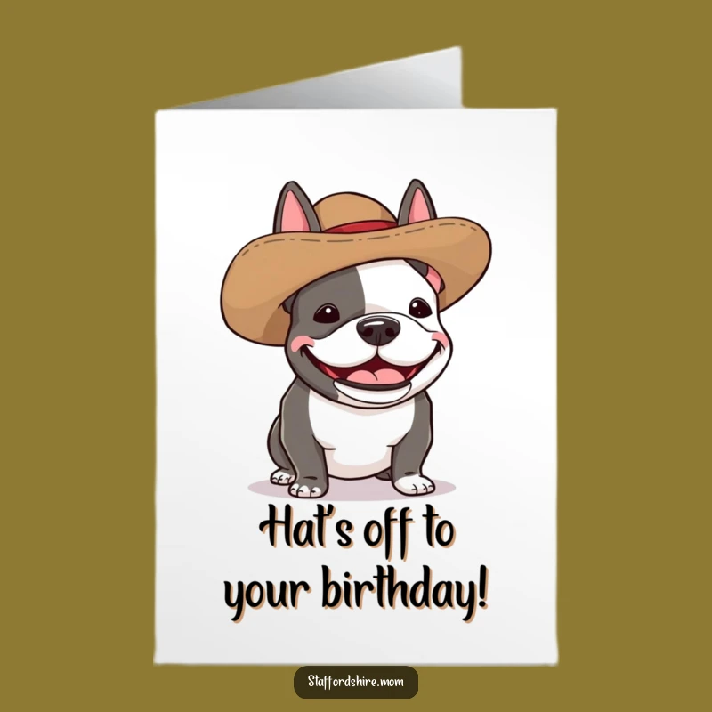 Free Printable Silly Hat Staffy Birthday Card - Funny Dog Downloadable Gift