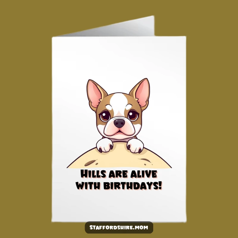 Free Printable Staffordshire Terrier Birthday Card - Hilarious Dog Peeking Over Hill Downloadable Gift