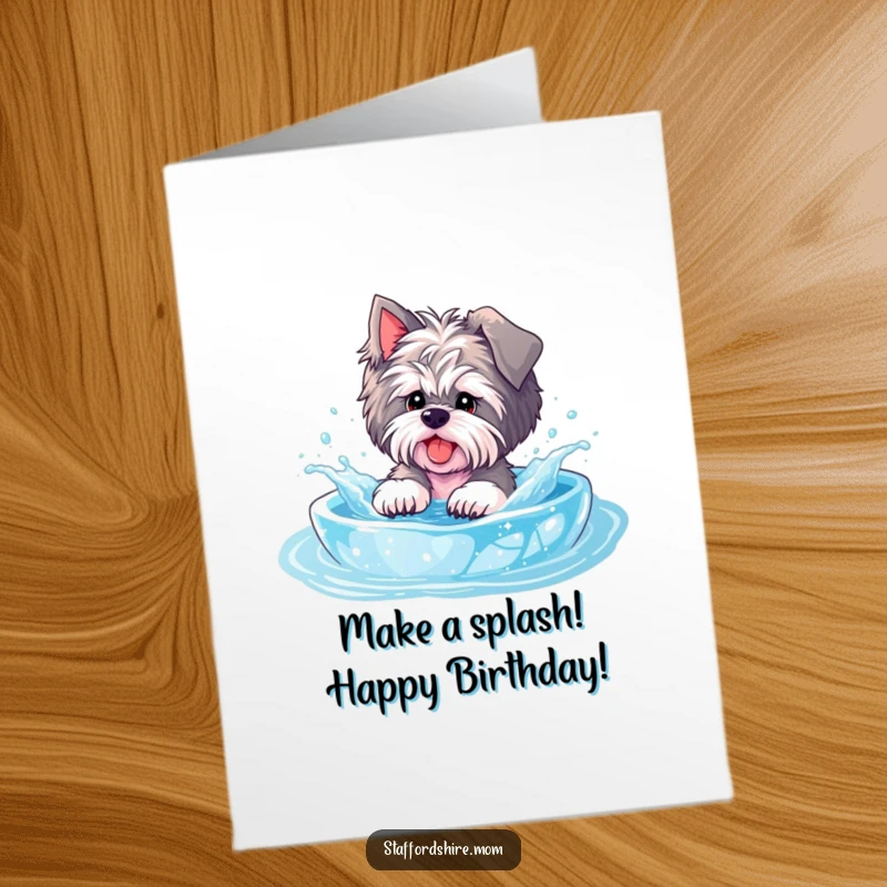 Funny Free Printable Birthday Card of a Staffordshire dog gleefully splashing in a sparkly, effervescent pool with pure delight.