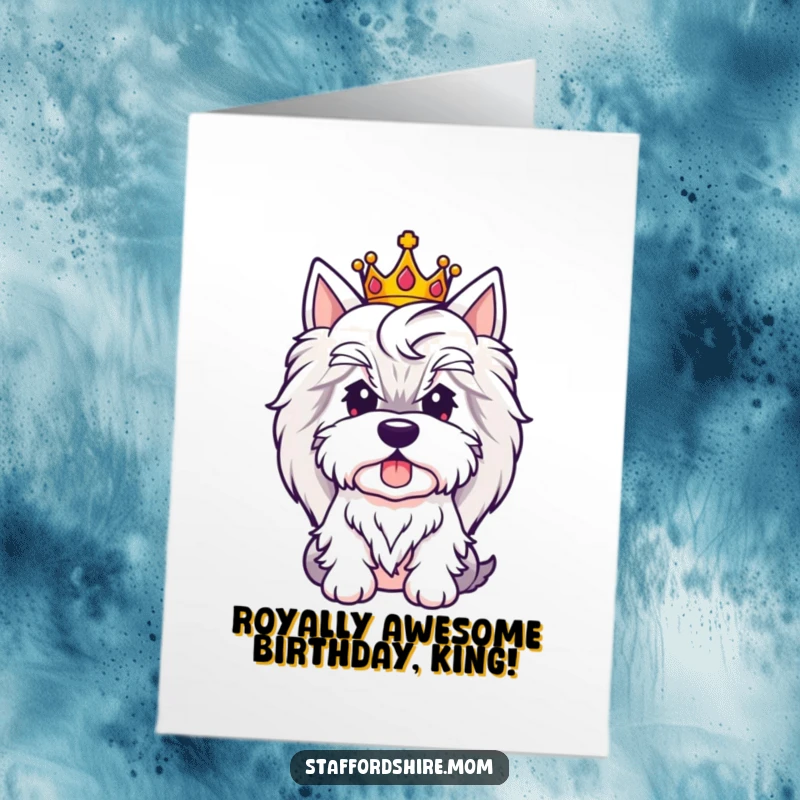 Funny Free Printable Birthday Card: Cute Staffordshire with a small crown looking regal, a downloadable royal birthday greeting.