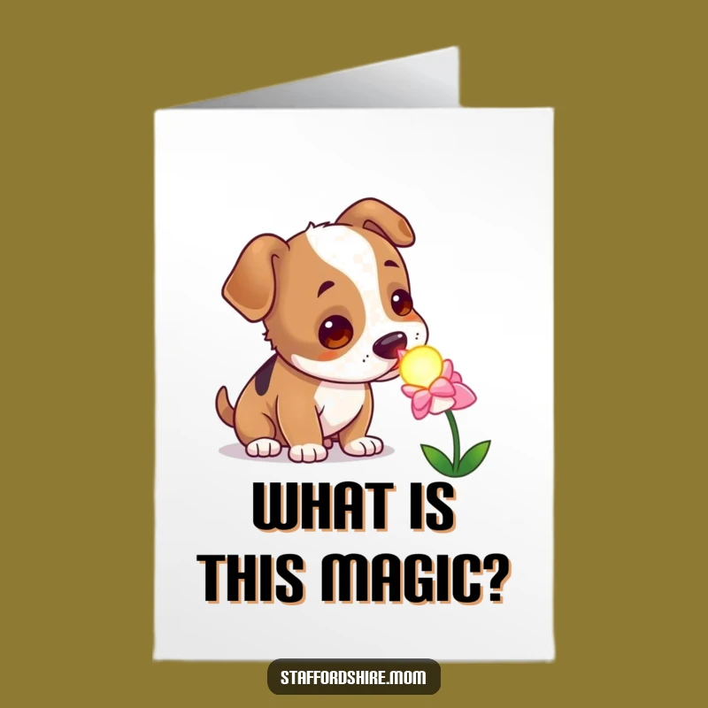 Free Printable Birthday Card: Curious Staffy Sniffing Magic Flower Gift