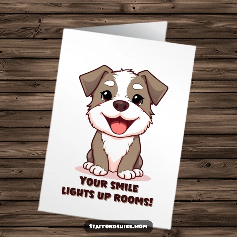 Funny Free Printable Birthday Card: Kawaii Staffordshire dog with a massive, infectious doggy smile, ready to party.