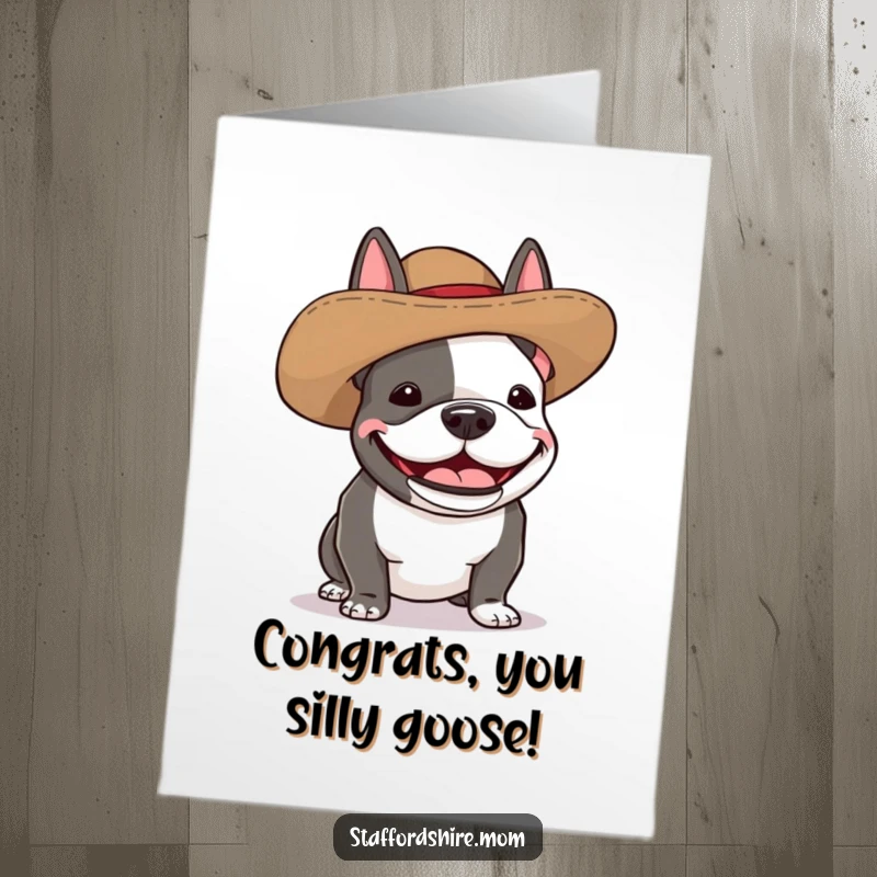 Funny Free Printable Congrats Card: A giggling Staffordshire bull terrier wearing a ridiculously large, silly hat.