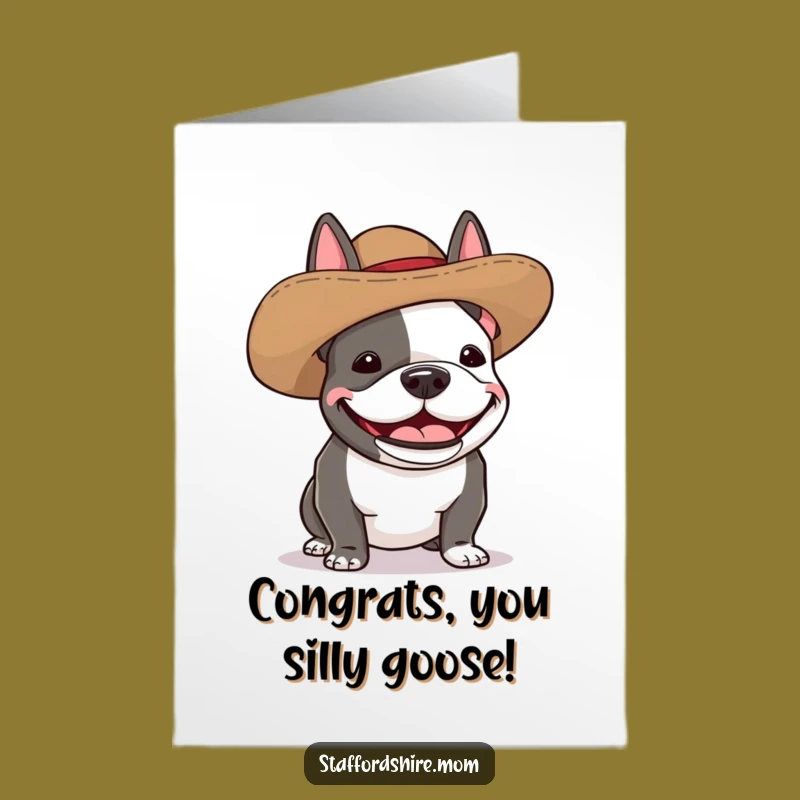 Free Printable Silly Hat Staffy Congrats Card - Humorous Dog Downloadable Gift