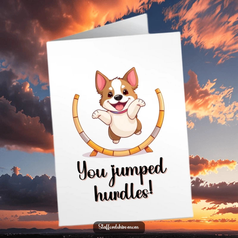 Free Printable Congratulations Card showing a playful Staffordshire dog jumping excitedly through a hoop, symbolizing success and achievement.