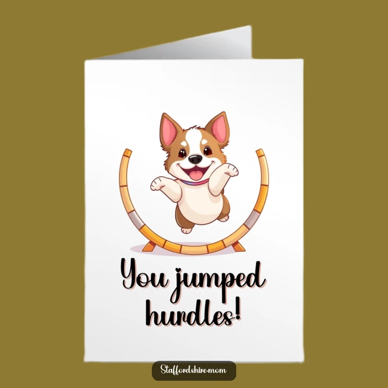Free Printable Congrats Card: Playful Staffy Leaps to Success