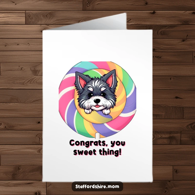 Funny Free Printable Congratulations Card: Staffordshire dog peeking from behind a huge lollipop, a joyful downloadable.