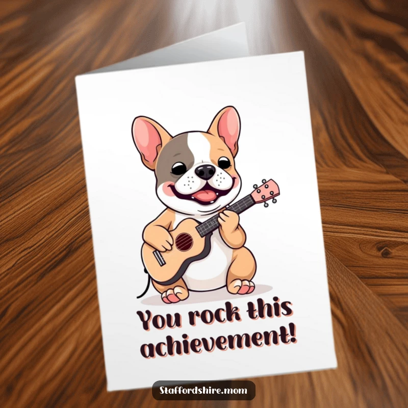 Funny Free Printable Congratulations Card: A delighted Staffordshire bull terrier hitting all the right notes on a tiny banjo.
